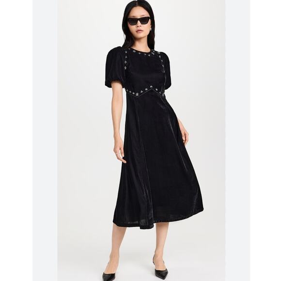 Sea Caryl Beaded Velvet Dress Black Midi Size 4 C4 - Picture 1 of 7